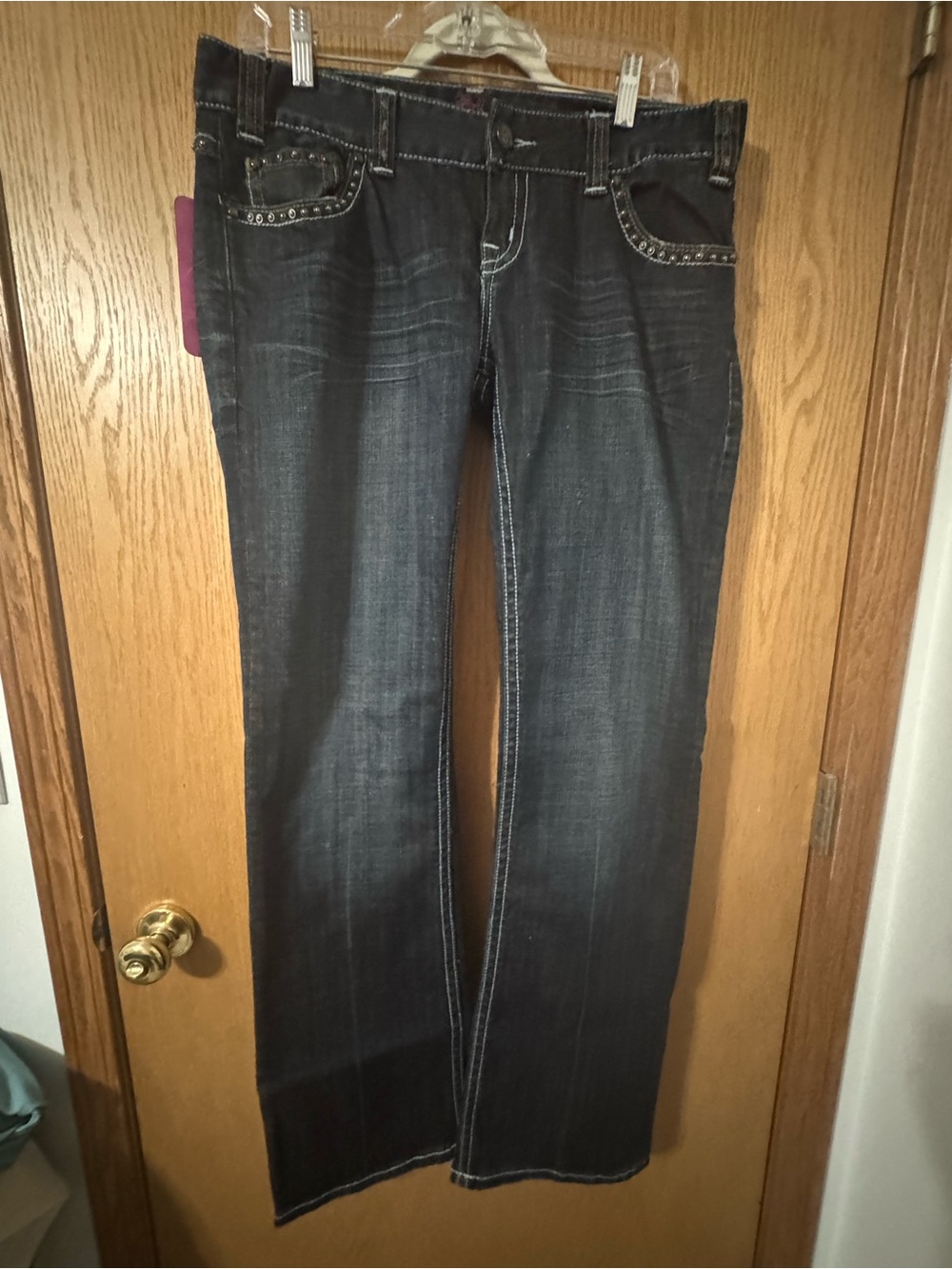 Rock & Roll Cowgirl Dark Blue Flare Jeans with Studded Pockets
